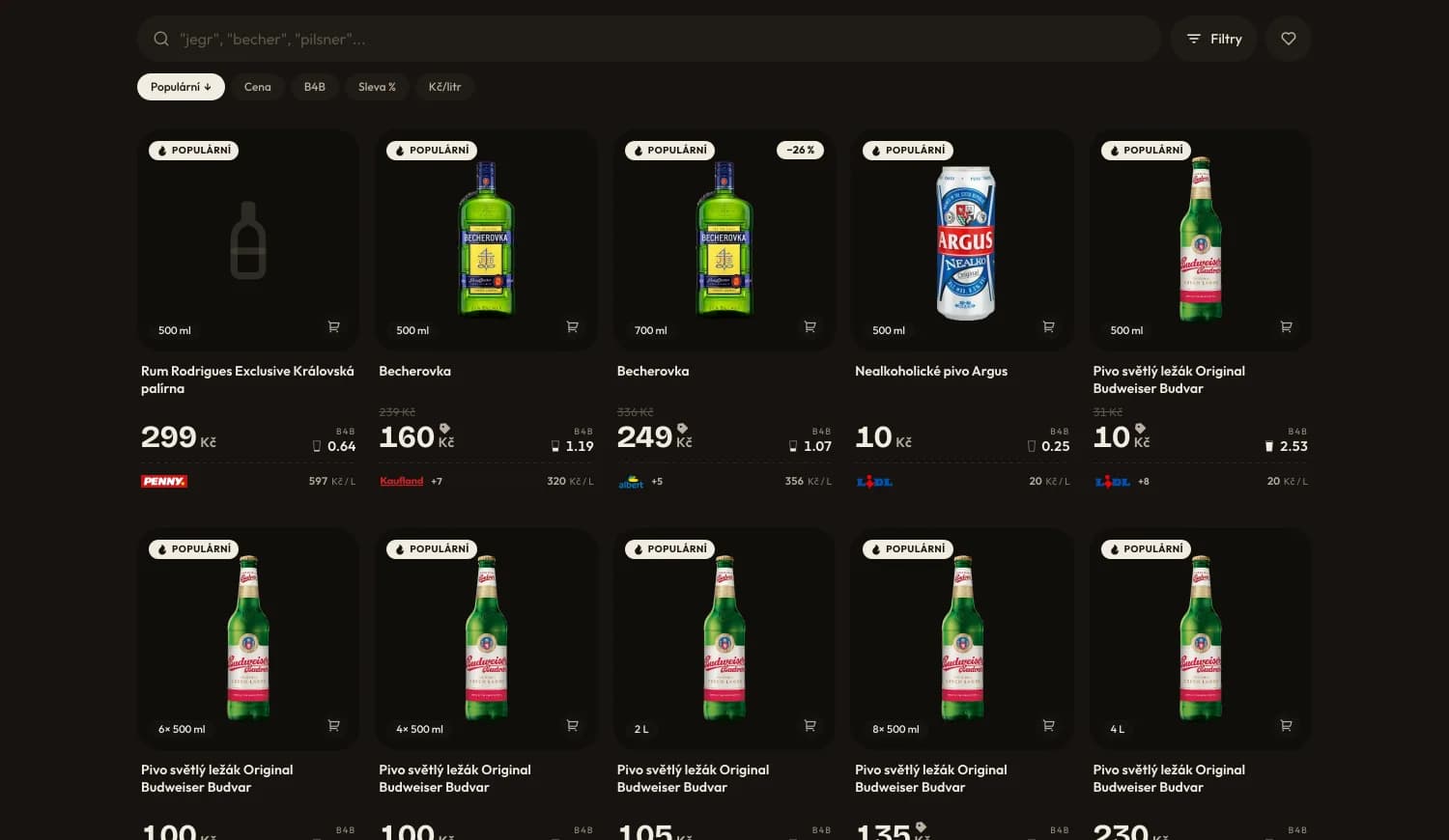 Deal listing, sortable by price, discount or price per litre